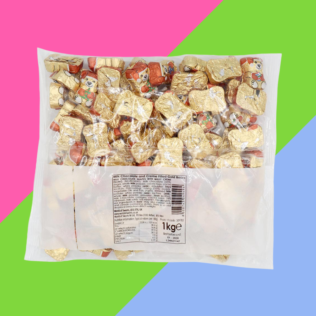 Milk Chocolate Creme Filled Festive Wrapped Gold Bears Bag 250g & 1kg Available