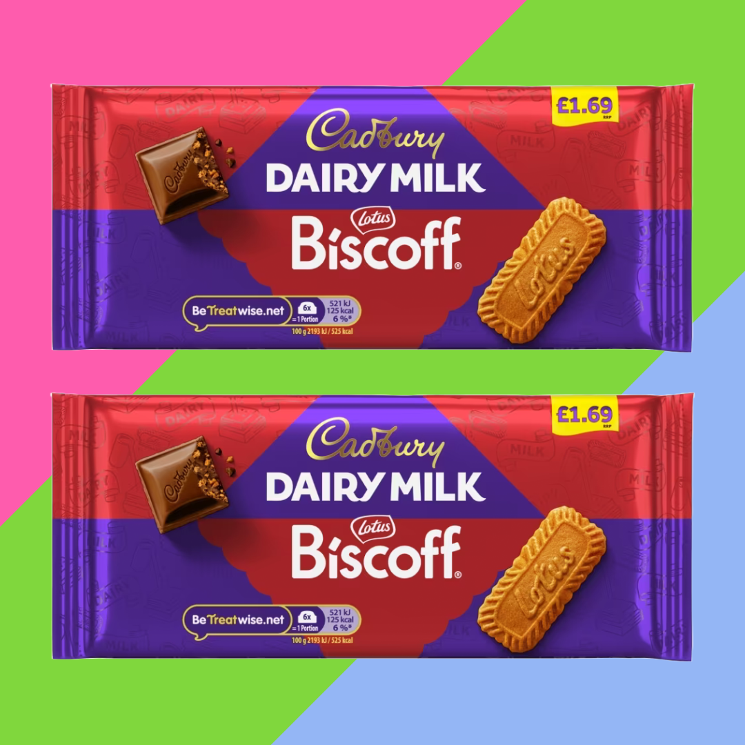 2X 95G Cadbury Dairy Milk X Biscoff Bars