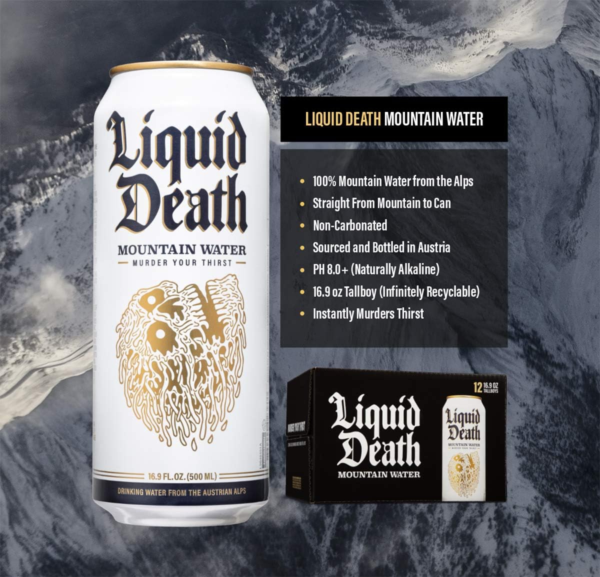 Crate of Liquid Death Still Mountain Water 500ml Tallboys (12-Pack)