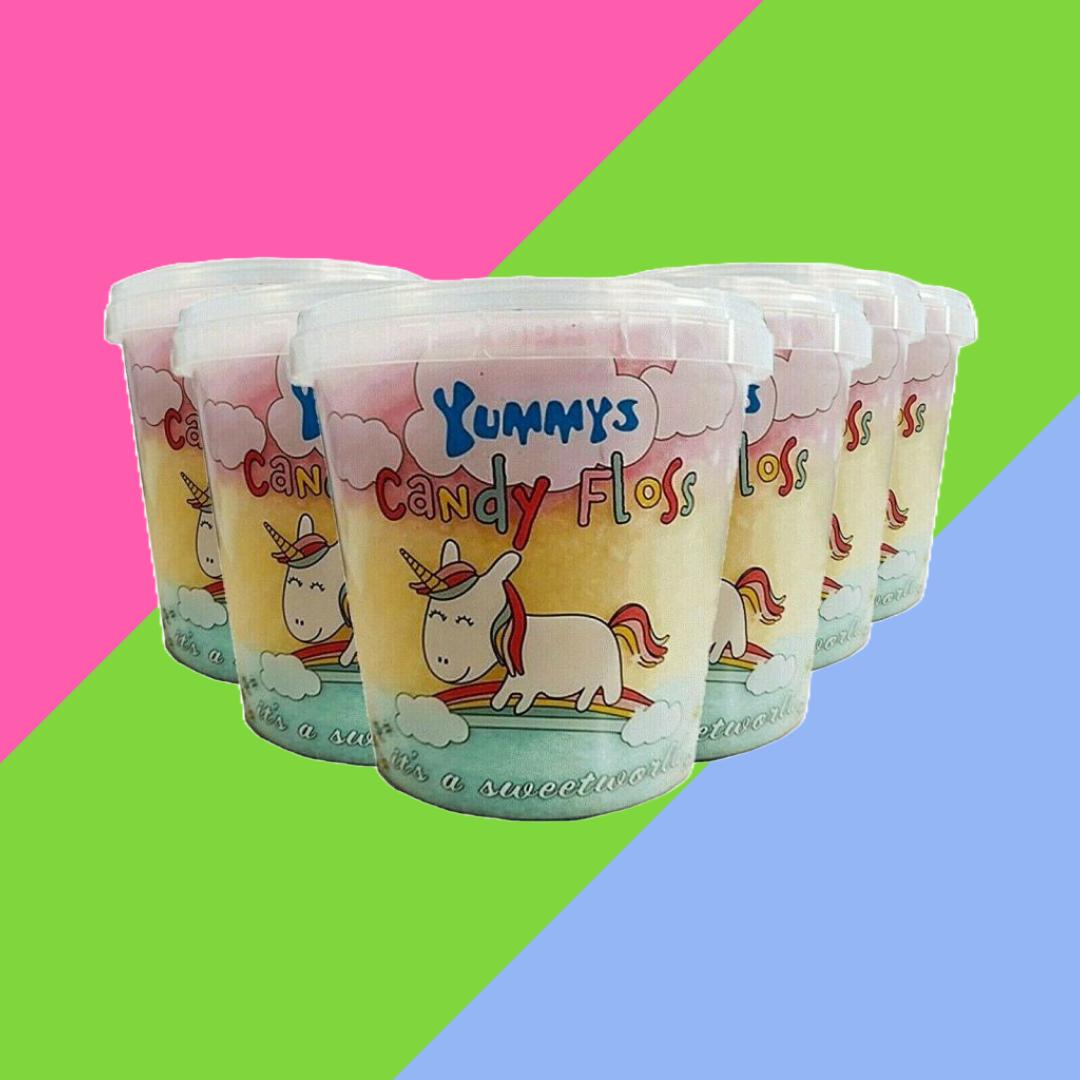 Yummys Unicorn Candy Floss Buckets x2, Banana, Raspberry and Strawberry Flavour
