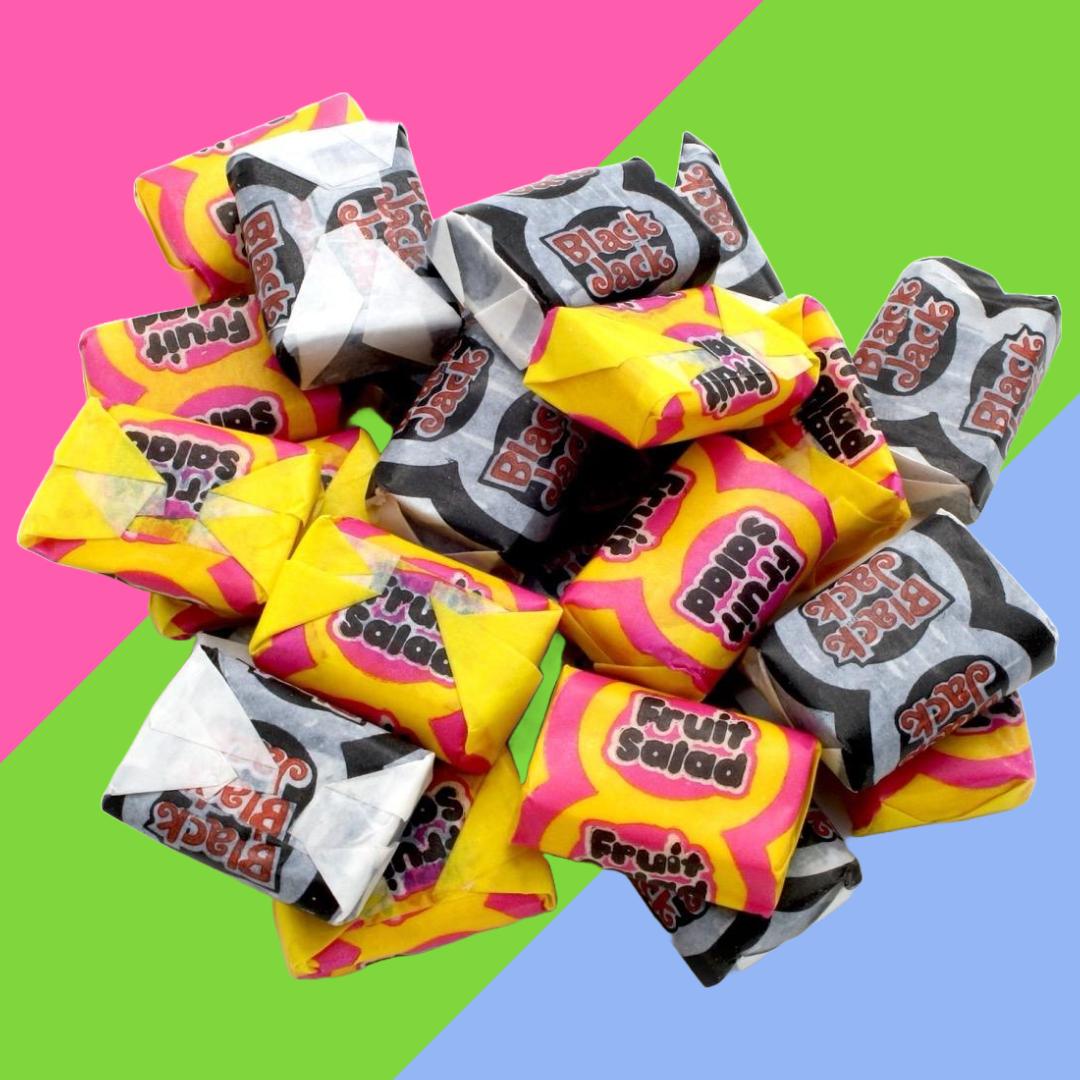 Fruit Salad Chews and Black Jacks | Various Sized Pouches | Sweet and Tangy Snack