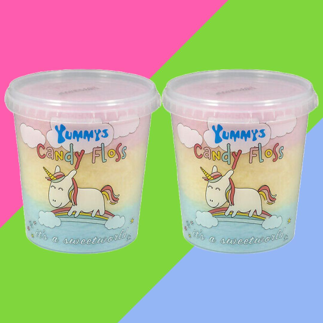 Yummys Unicorn Candy Floss Buckets x2, Banana, Raspberry and Strawberry Flavour