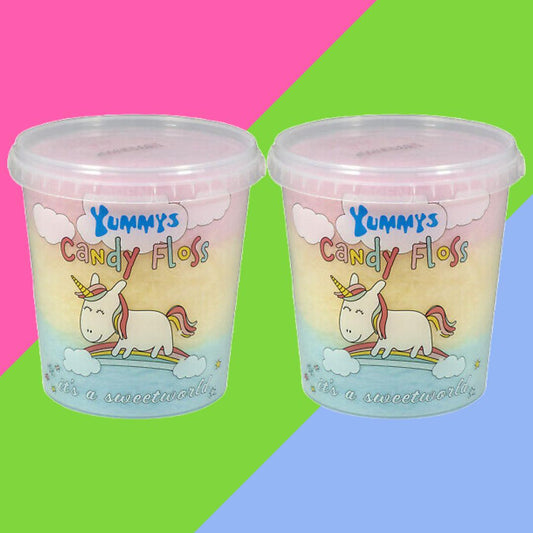 Yummys Unicorn Candy Floss Buckets x2, Banana, Raspberry and Strawberry Flavour